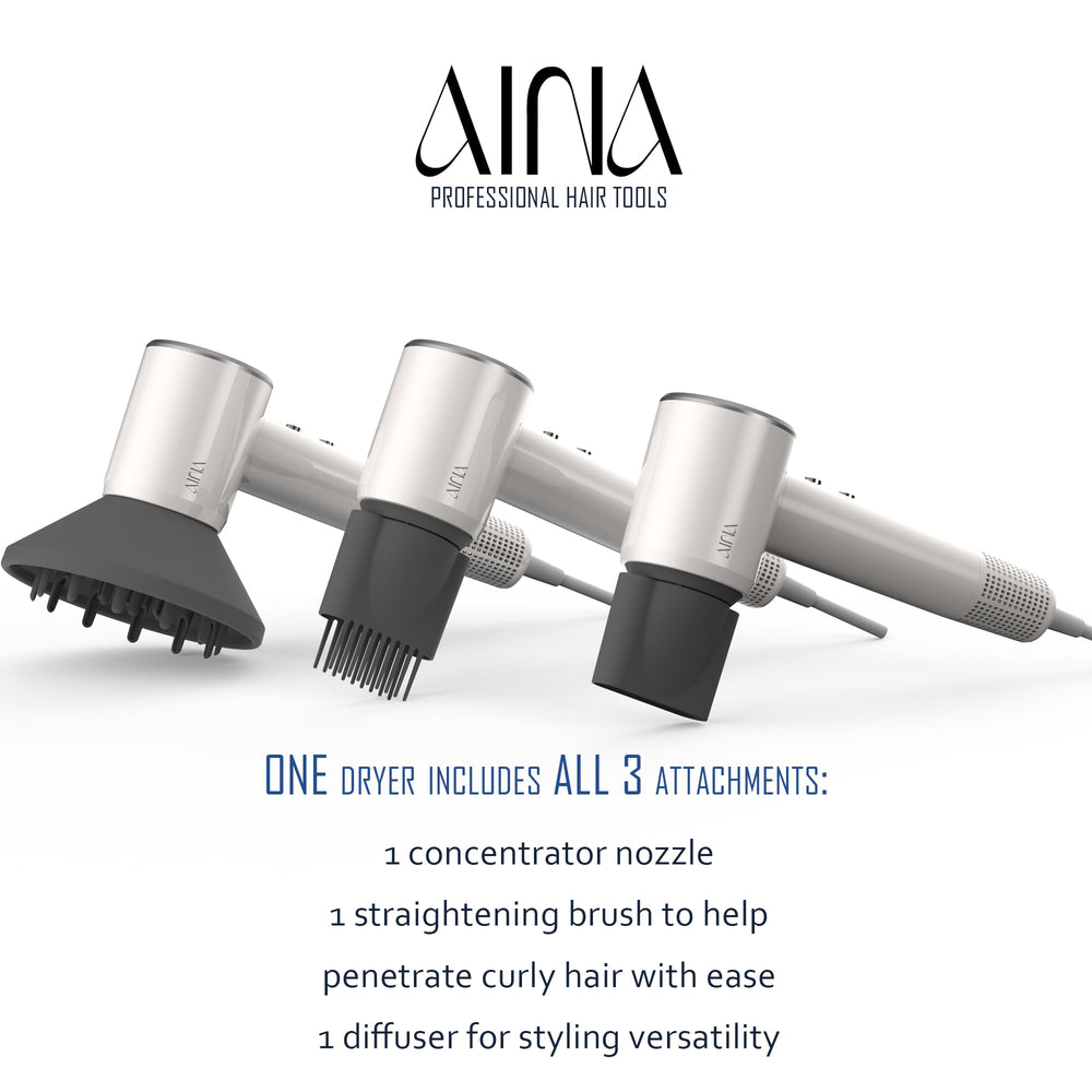 Aina hair dryer compact side view in ivory for easy storage.