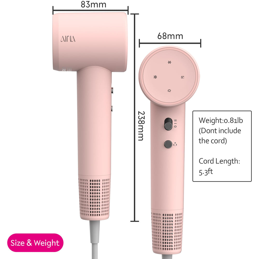 AINA hair dryer with ionic technology reduces static for smoother finishes