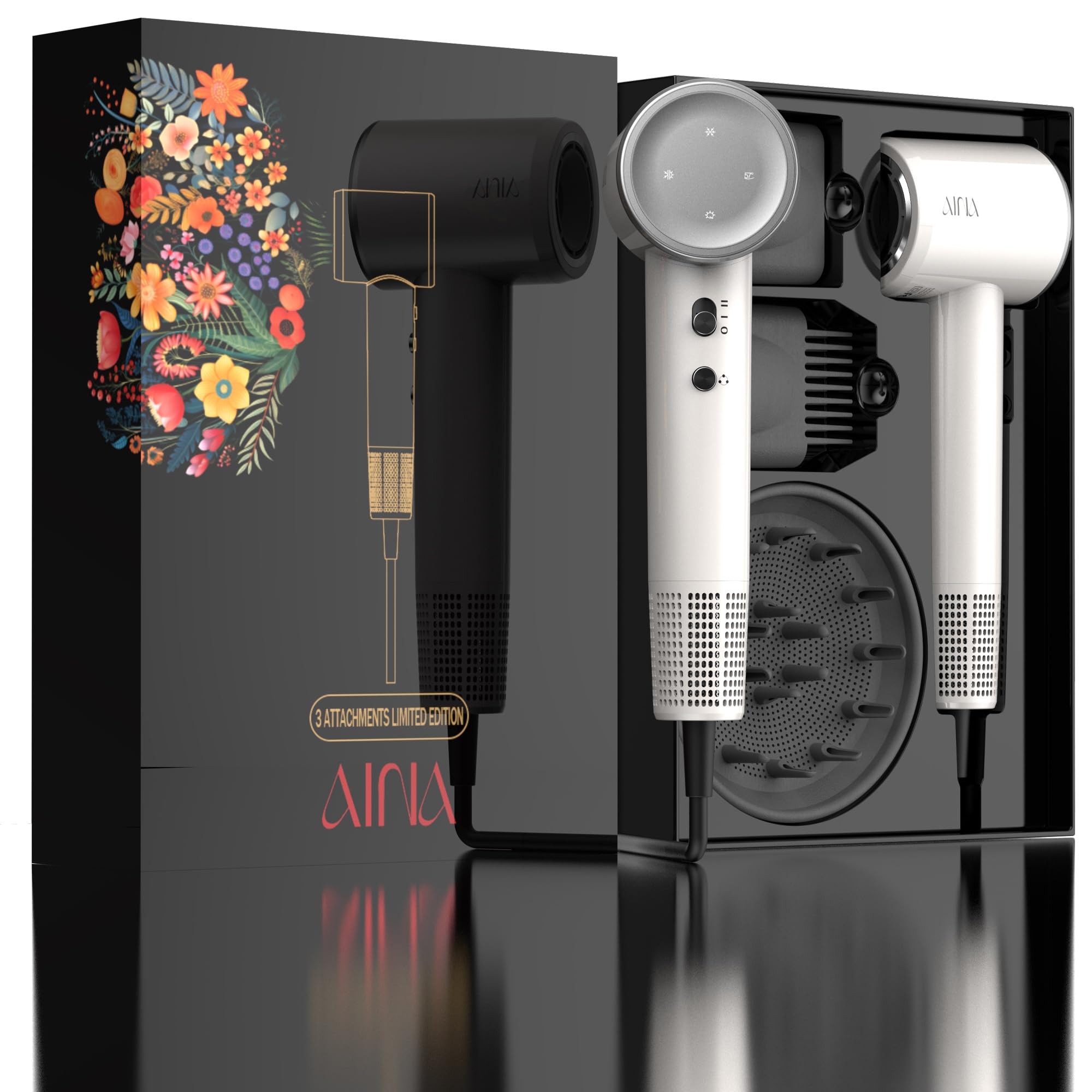 Aina hair dryer front view in ivory white for travel-friendly styling.