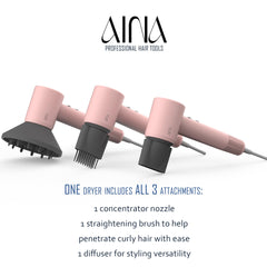 AINA hair dryer shows lightweight 370g design for easy styling on the go