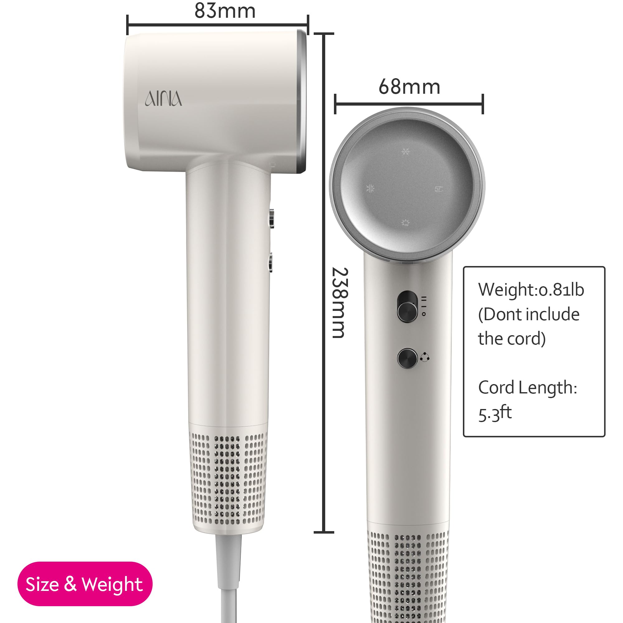 Aina hair dryer magnetic attachments close-up showing instant-click design for quick swaps.