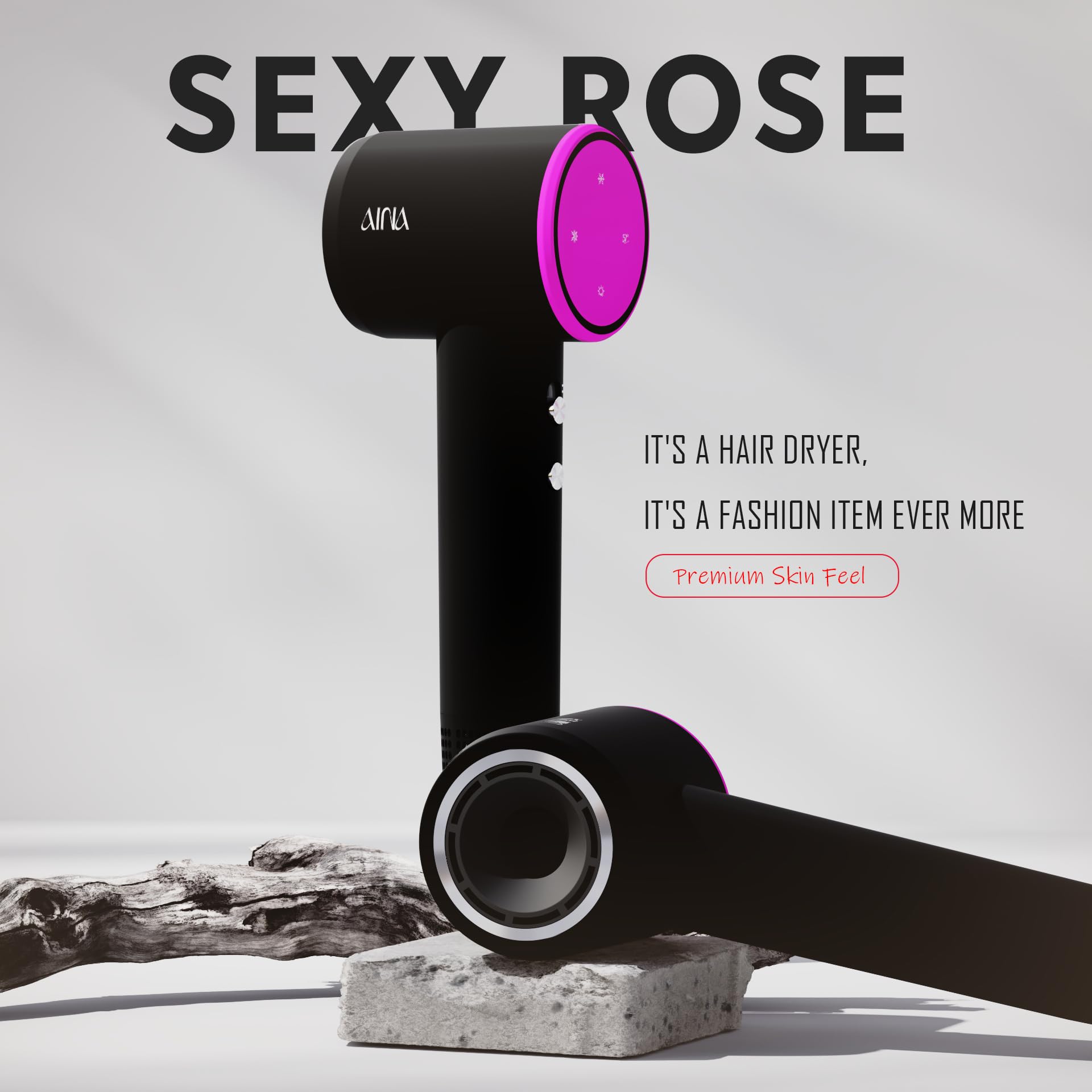 Aina Hair Dryer built-in IQ chip manages temperature for safer styling.