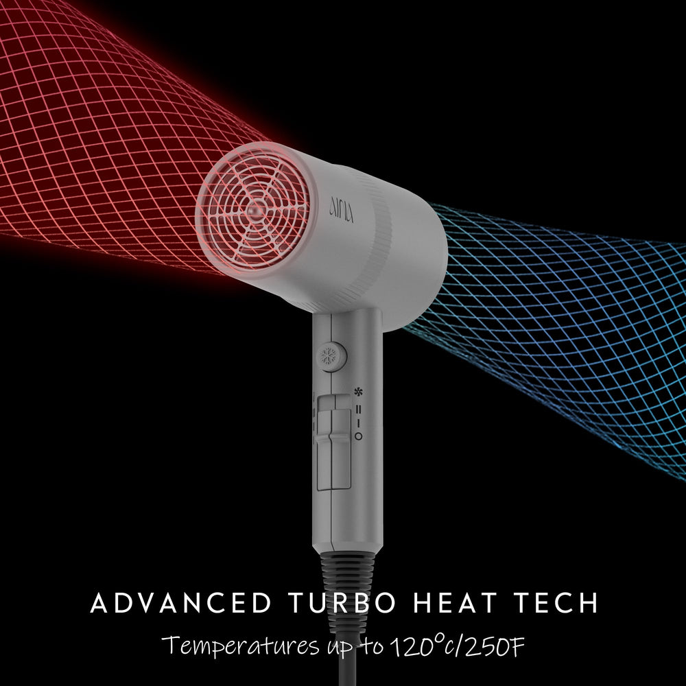 AINA tourmaline technology visualization showing anti-frizz and static control benefits.
