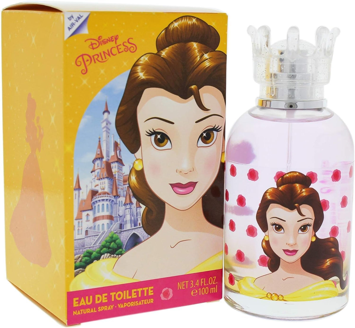 Air-Val Disney Princess Belle Eau de Toilette spray bottle close-up for kid-friendly everyday scent.