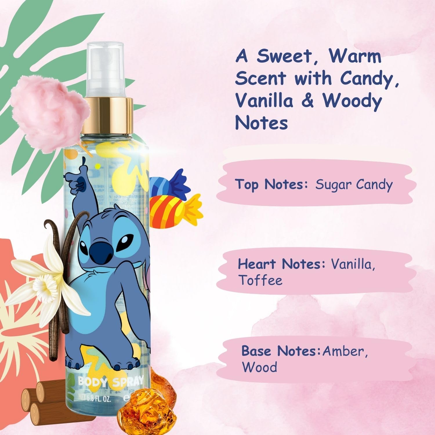 Air-Val Disney Stitch heart-notes orris close-up soft floral warmth.