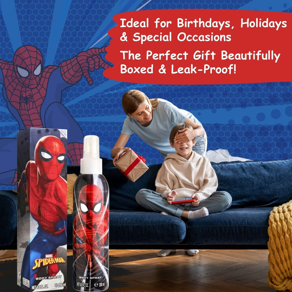 Air-Val Marvel Spider-Man bottle with red, white, blue superhero color scheme