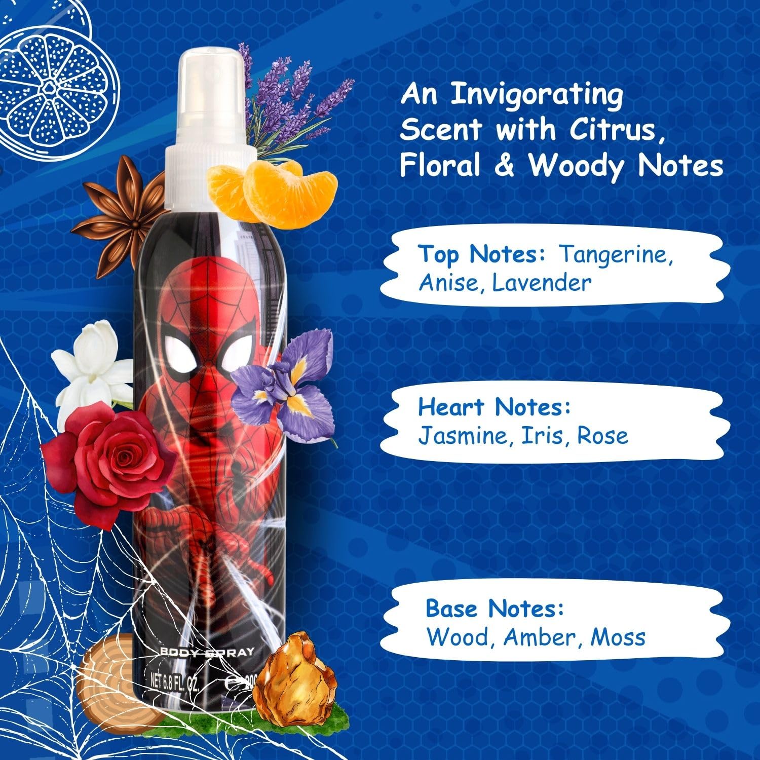 Air-Val Marvel Spider-Man label close-up shows bergamot and lemon notes
