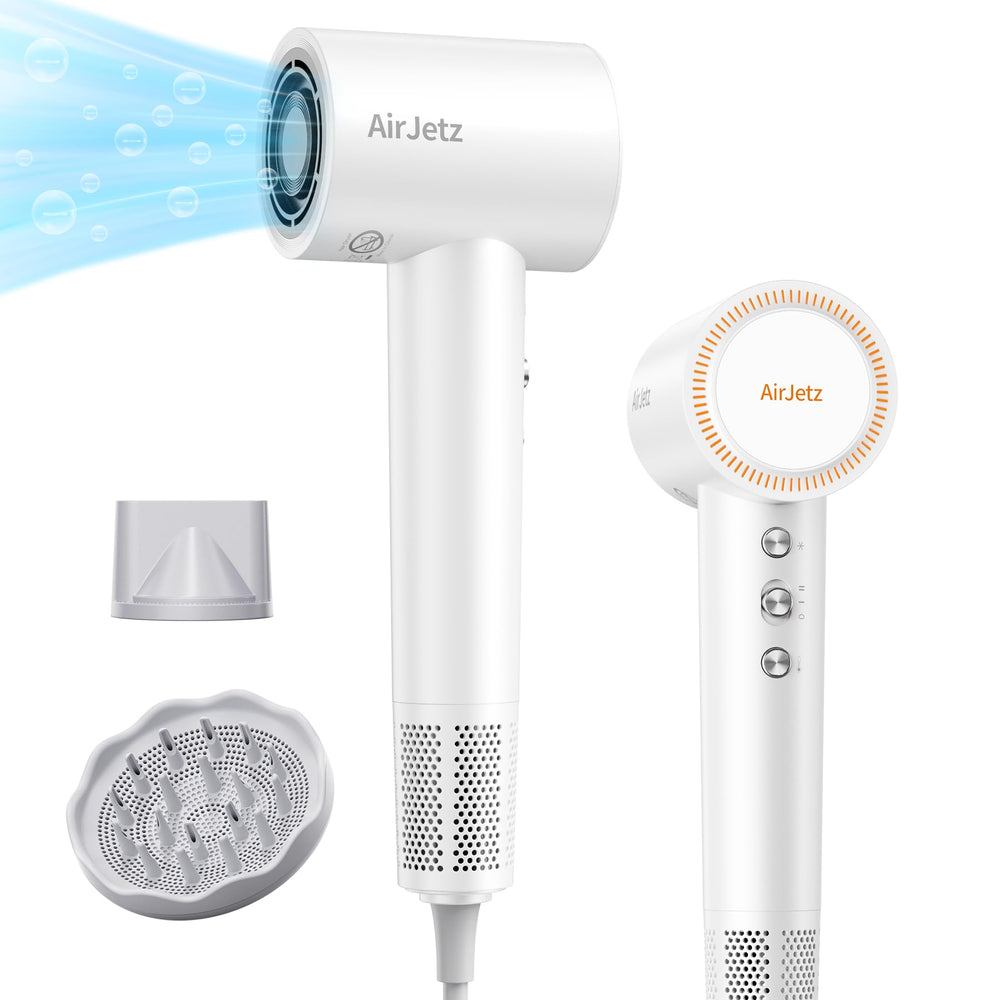 AirJetz hair dryer with 160000rpm motor delivering rapid drying for busy mornings.