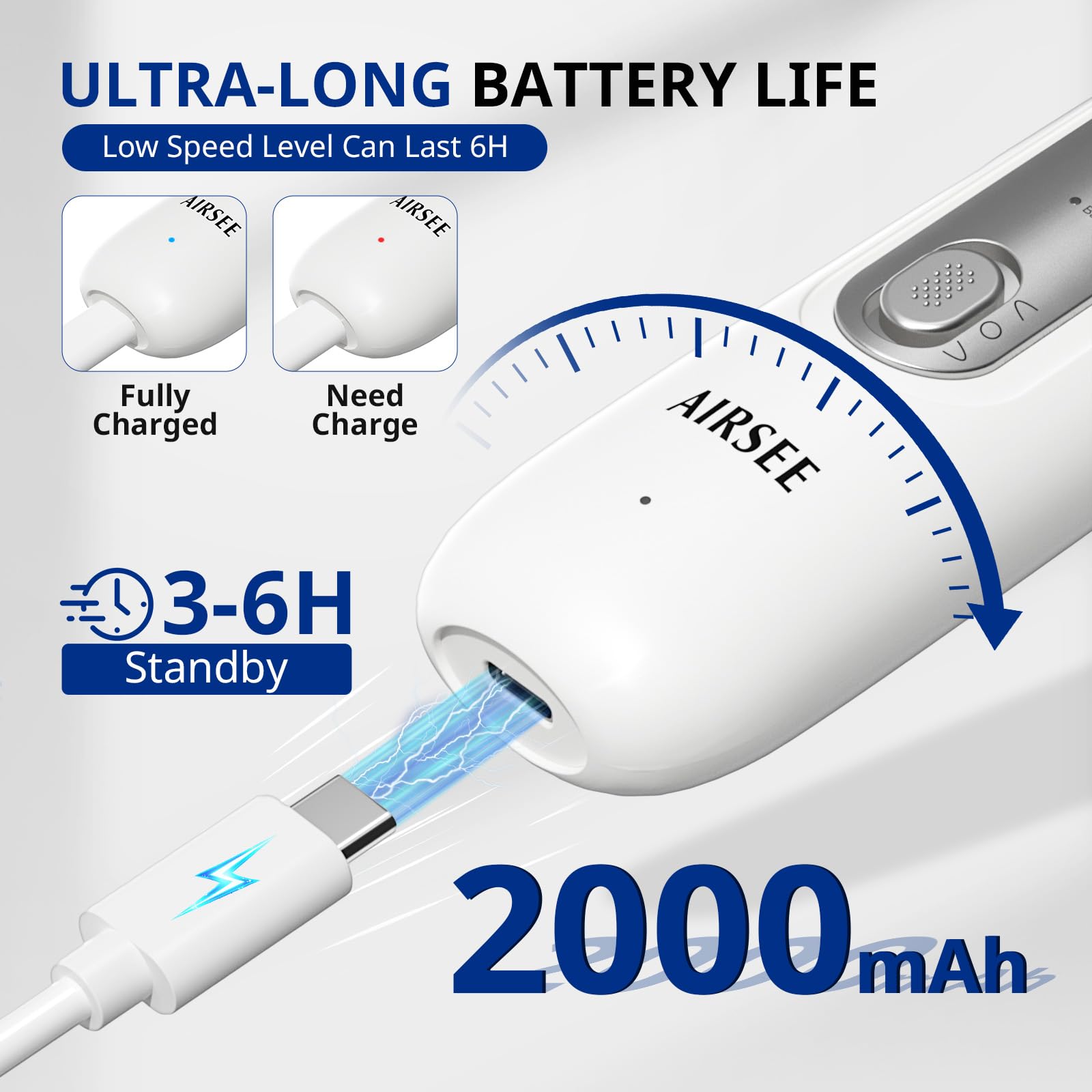 Airsee 2000mAh rechargeable battery supports long grooming sessions