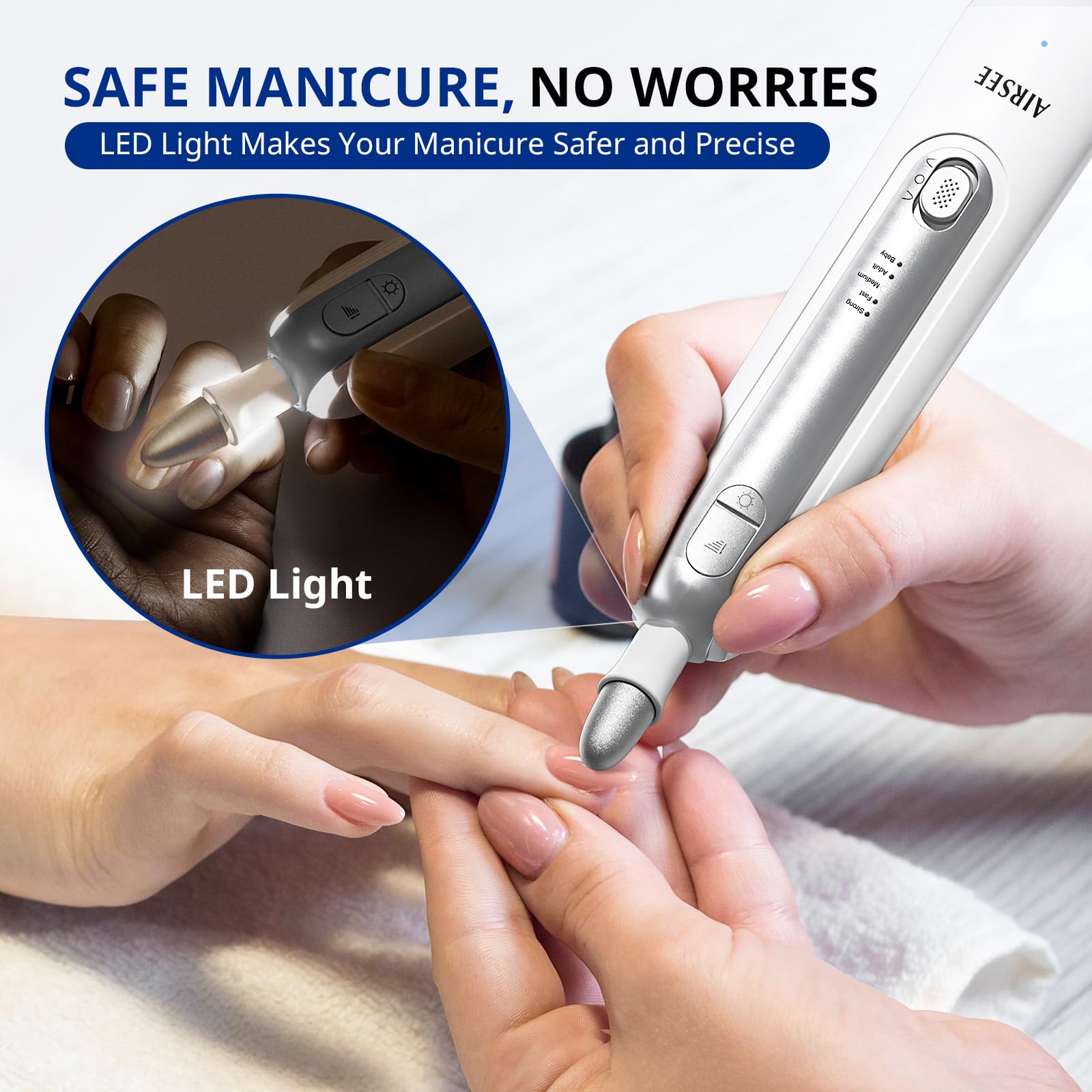 Airsee cordless portable nail file with a comfortable grip for on-the-go care