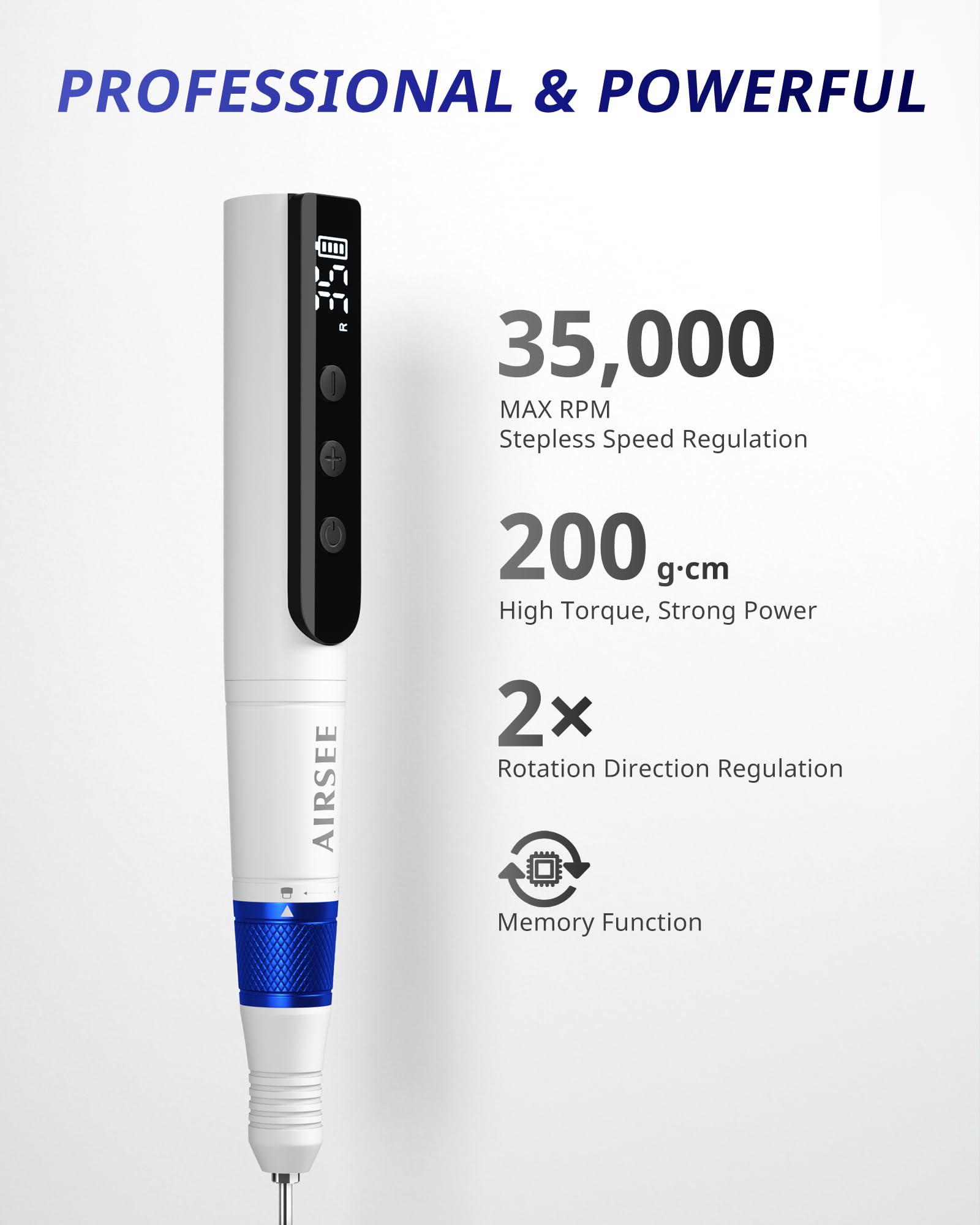 AIRSEE LED-display nail drill provides real-time speed readouts for precise control.