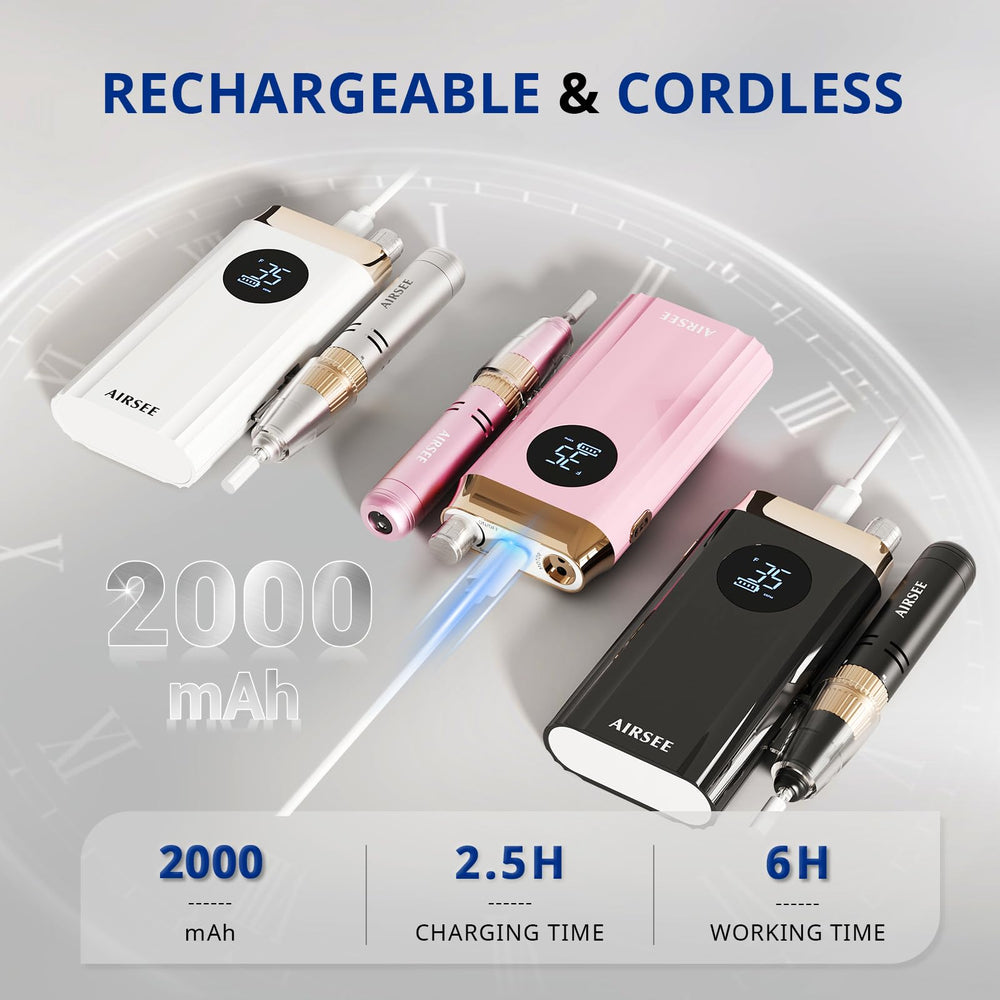 AIRSEE cordless-handle close-up emphasizes low noise and minimal vibration during use.