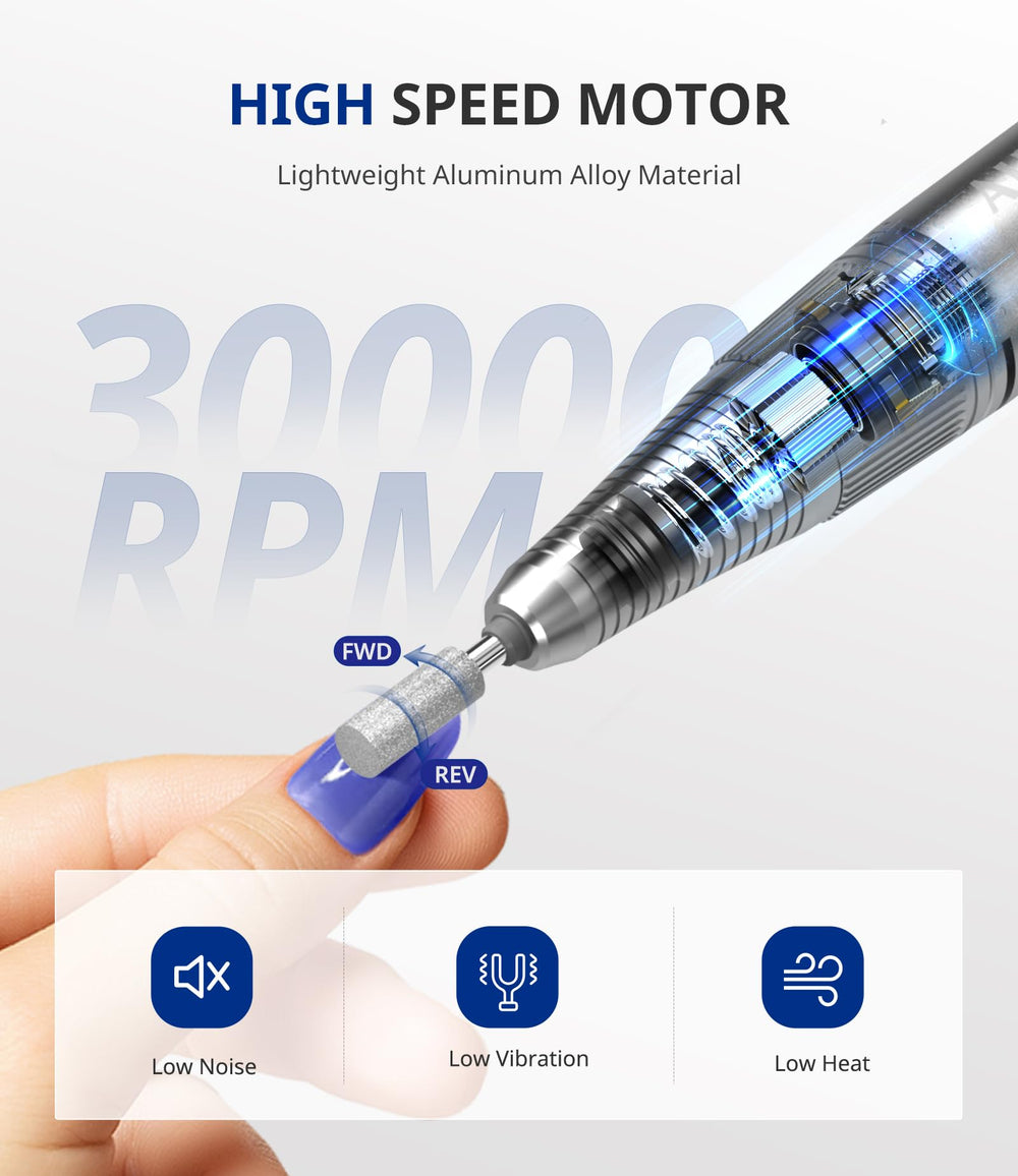 AIRSEE nail drill LCD display showing RPM and battery status for precise control