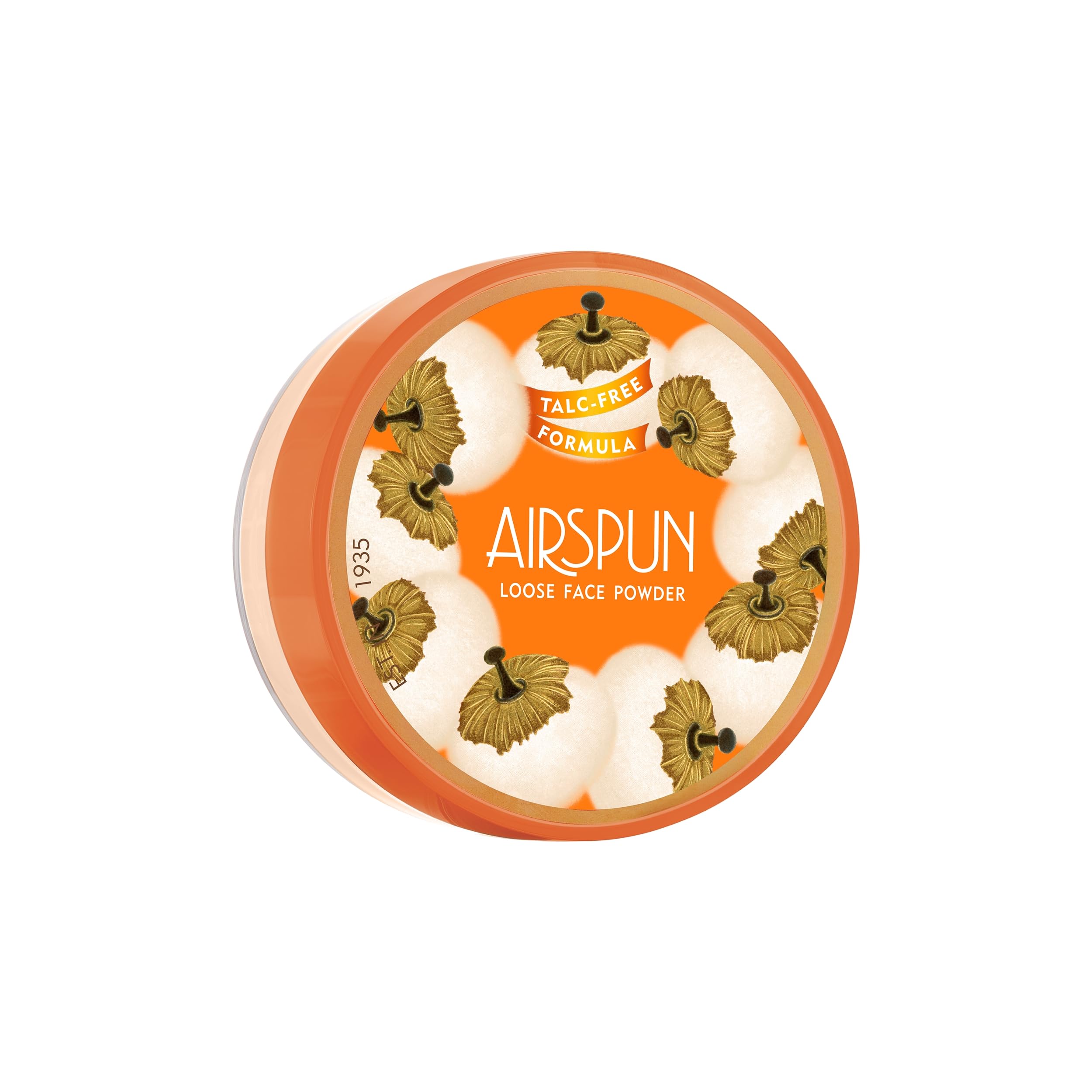Airspun front packaging showing translucent jar and cap, convenient storage benefit
