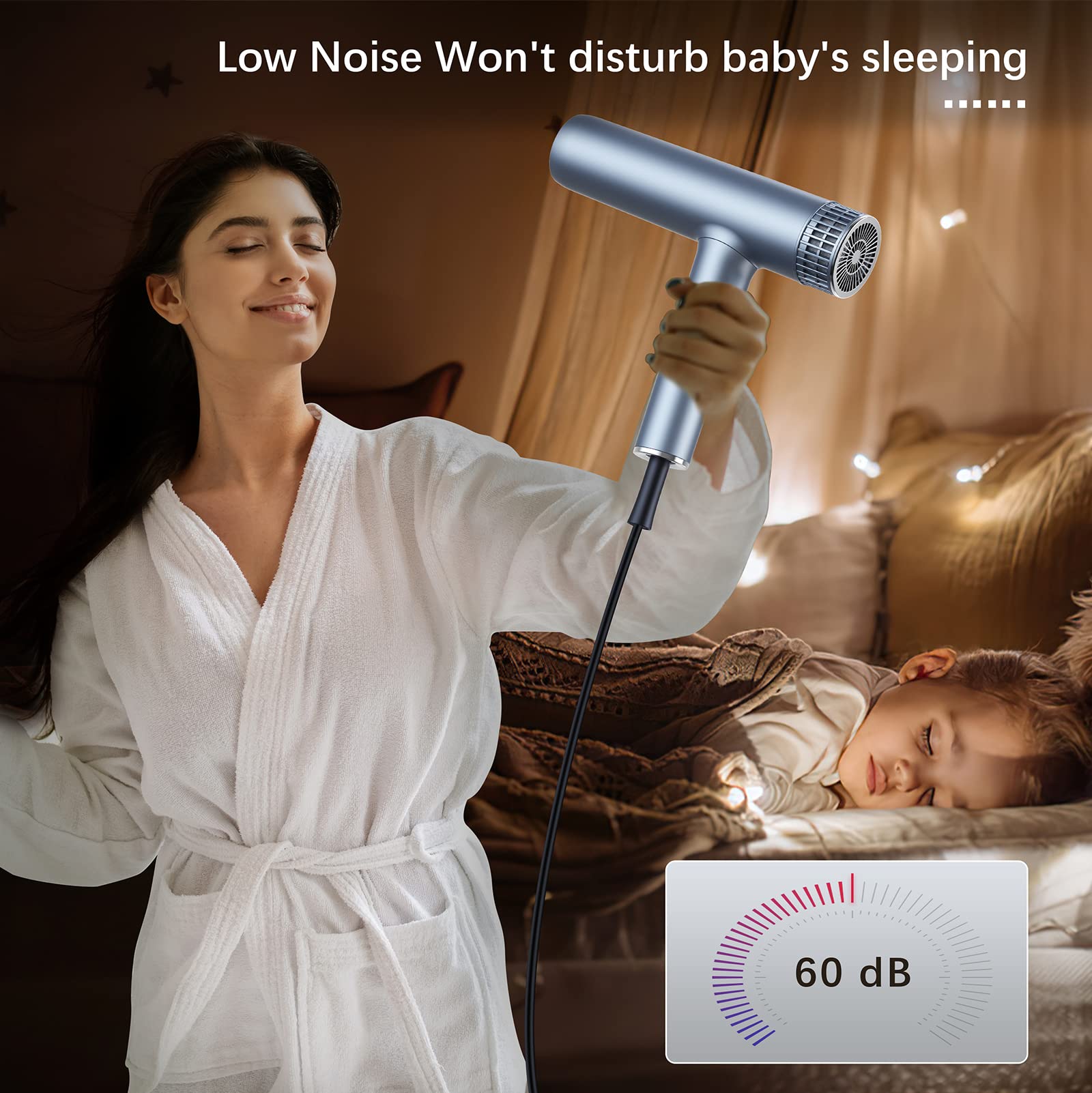 Airyomi low-noise motor image communicates quiet operation during styling sessions.