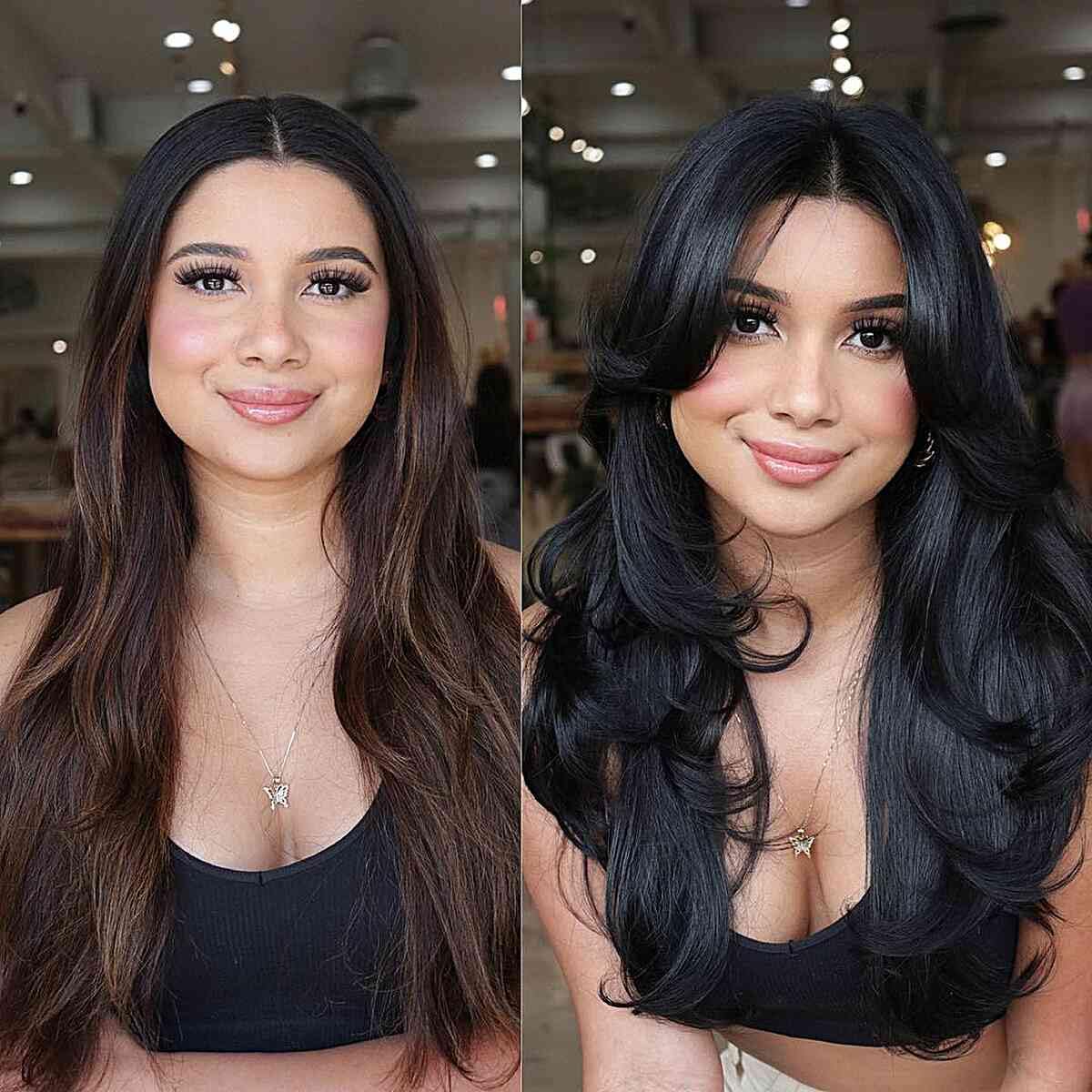 Aisaide brown layered wig with curtain bangs demonstrates face-framing style.