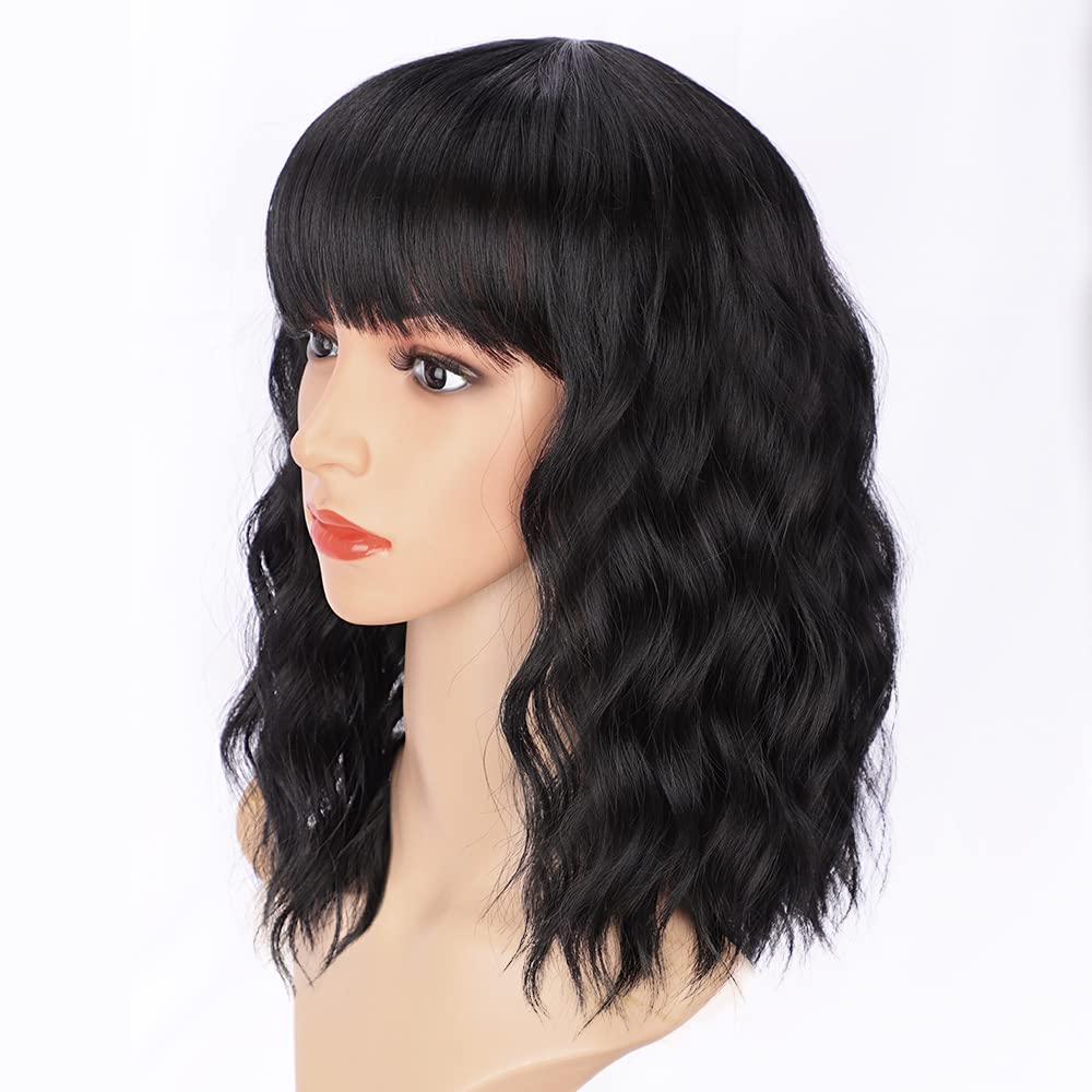 AISI HAIR bob curly wig side profile with bangs for versatile styling.