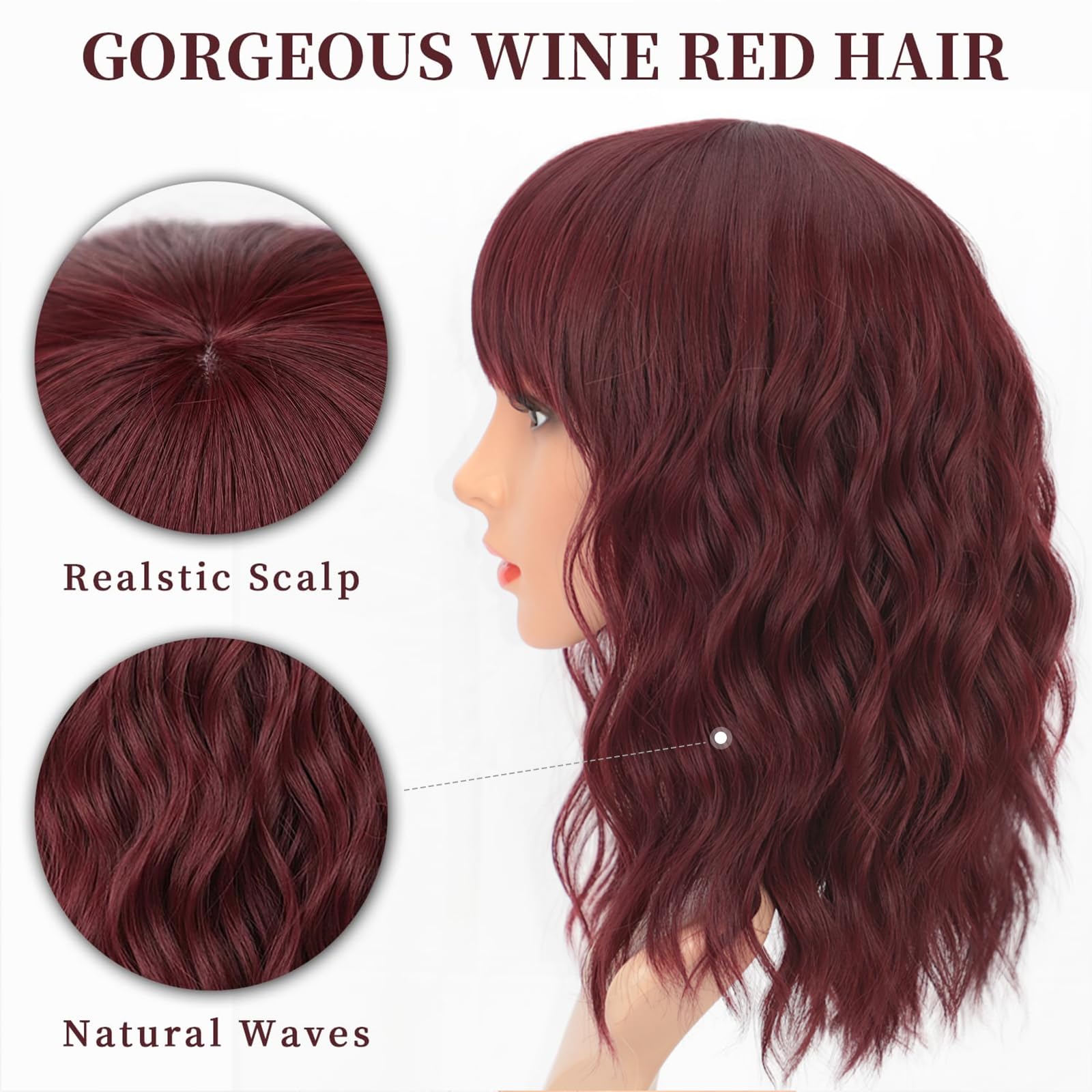 AISI HAIR Curly Bob Wig with Bangs back view in wine red for smooth silhouette.