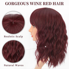 AISI HAIR Curly Bob Wig with Bangs back view in wine red for smooth silhouette.