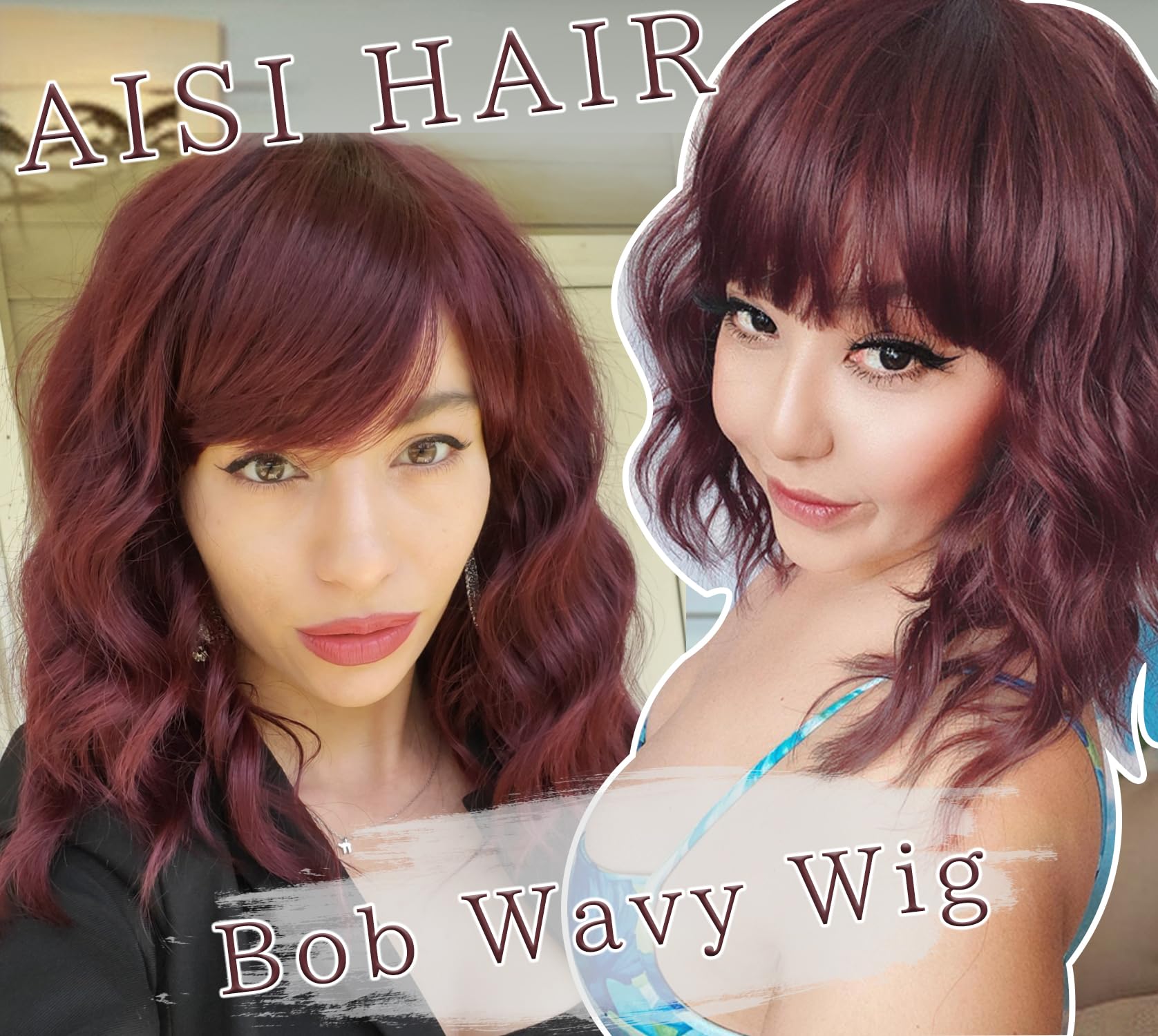 AISI HAIR Curly Bob Wig with Bangs close-up in synthetic fibers for soft touch.
