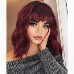 AISI HAIR Curly Bob Wig with Bangs front view in wine red for versatile daily styling.