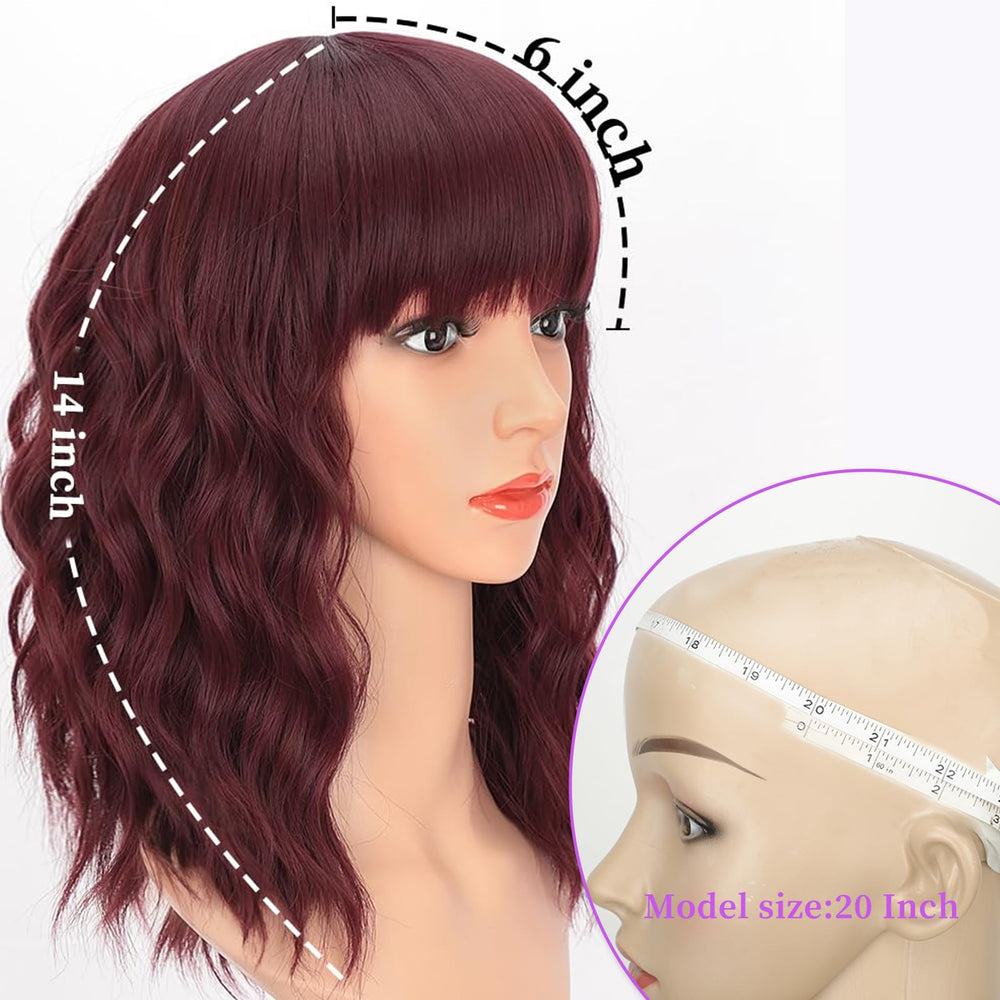 AISI HAIR Curly Bob Wig with Bangs side view in wine red for natural movement.