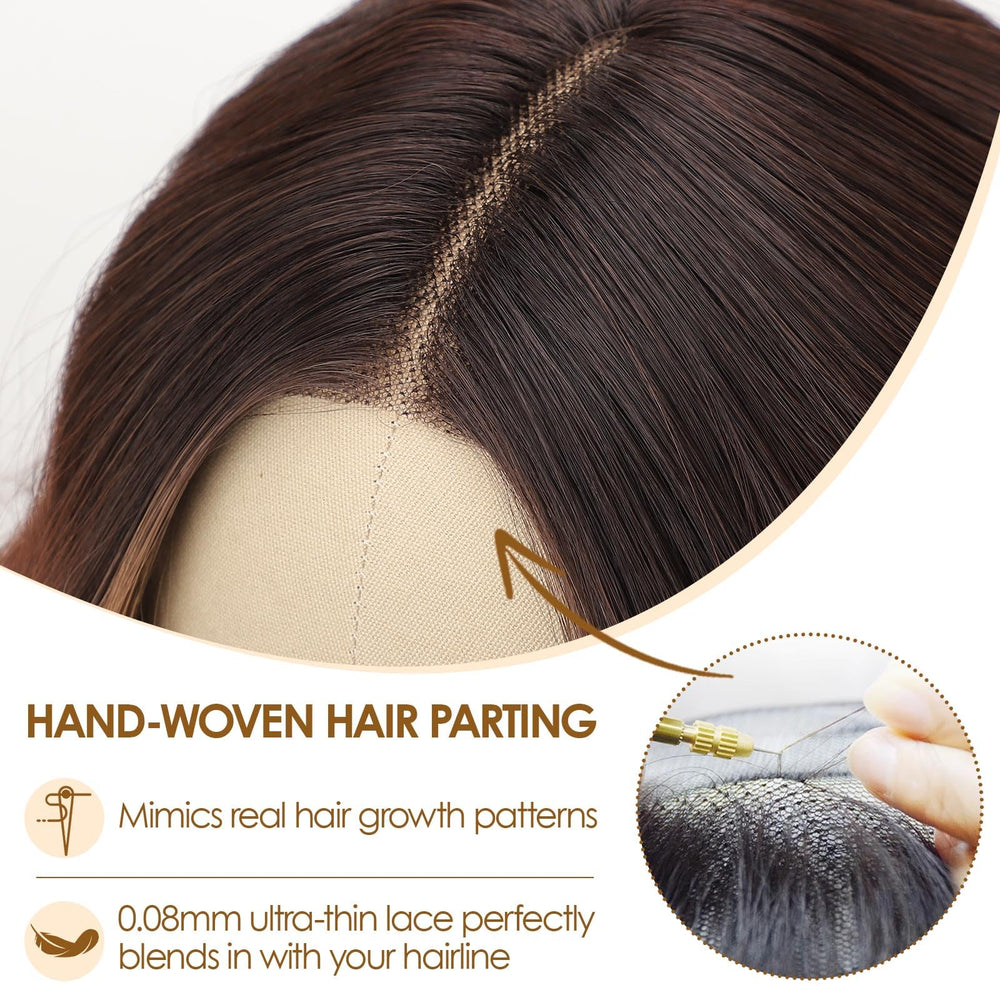 AISI HAIR Highlights Brown Wig glueless-cap demonstrates secure, comfortable wear.
