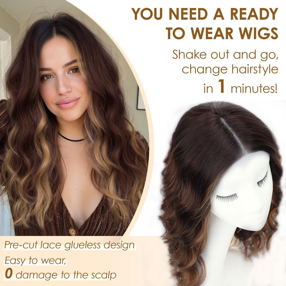 AISI HAIR Highlights Brown Wig with wavy curls for daily styling versatility.