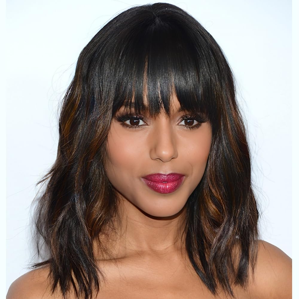 AISI HAIR wavy bob wig with bangs in black mixed brown for versatile daily wear