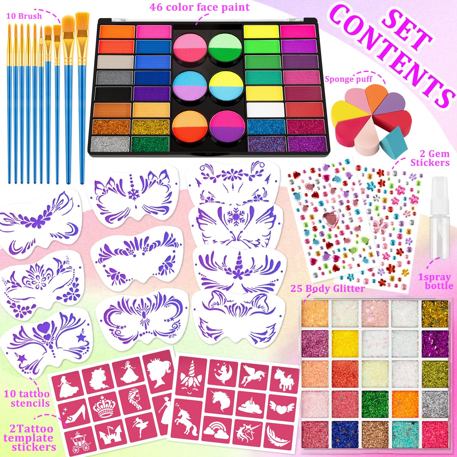 AIYNC face-paint palette close-up displays bold colors for detailed designs.