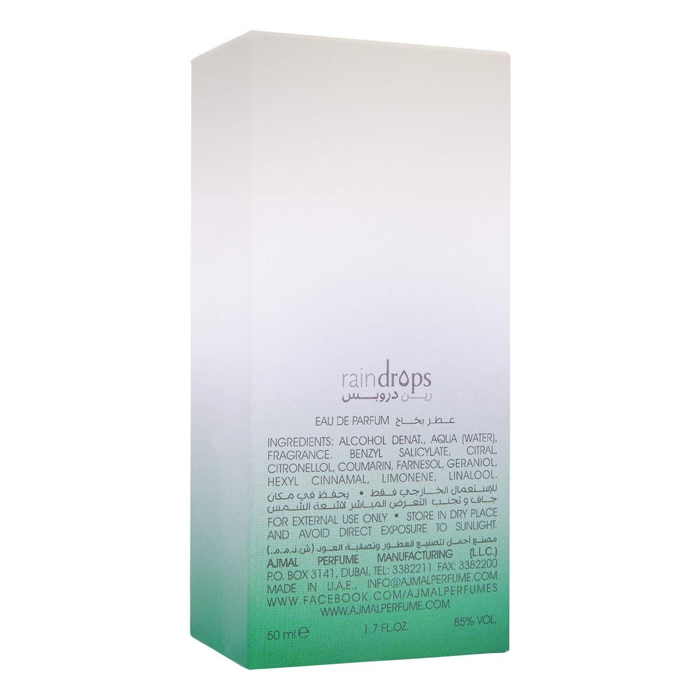 Ajmal Rain Drops notes closeup: floral-fruity layers for day-to-night use.