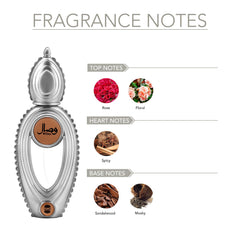 Ajmal Wisal bottle closeup shows rose notes for romantic daytime moments.