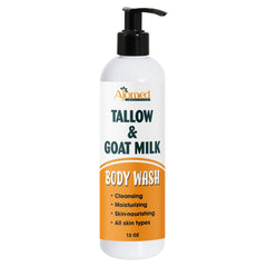 AJOMED Tallow & Goat Milk Body Wash bottle for nourishing cleansing.