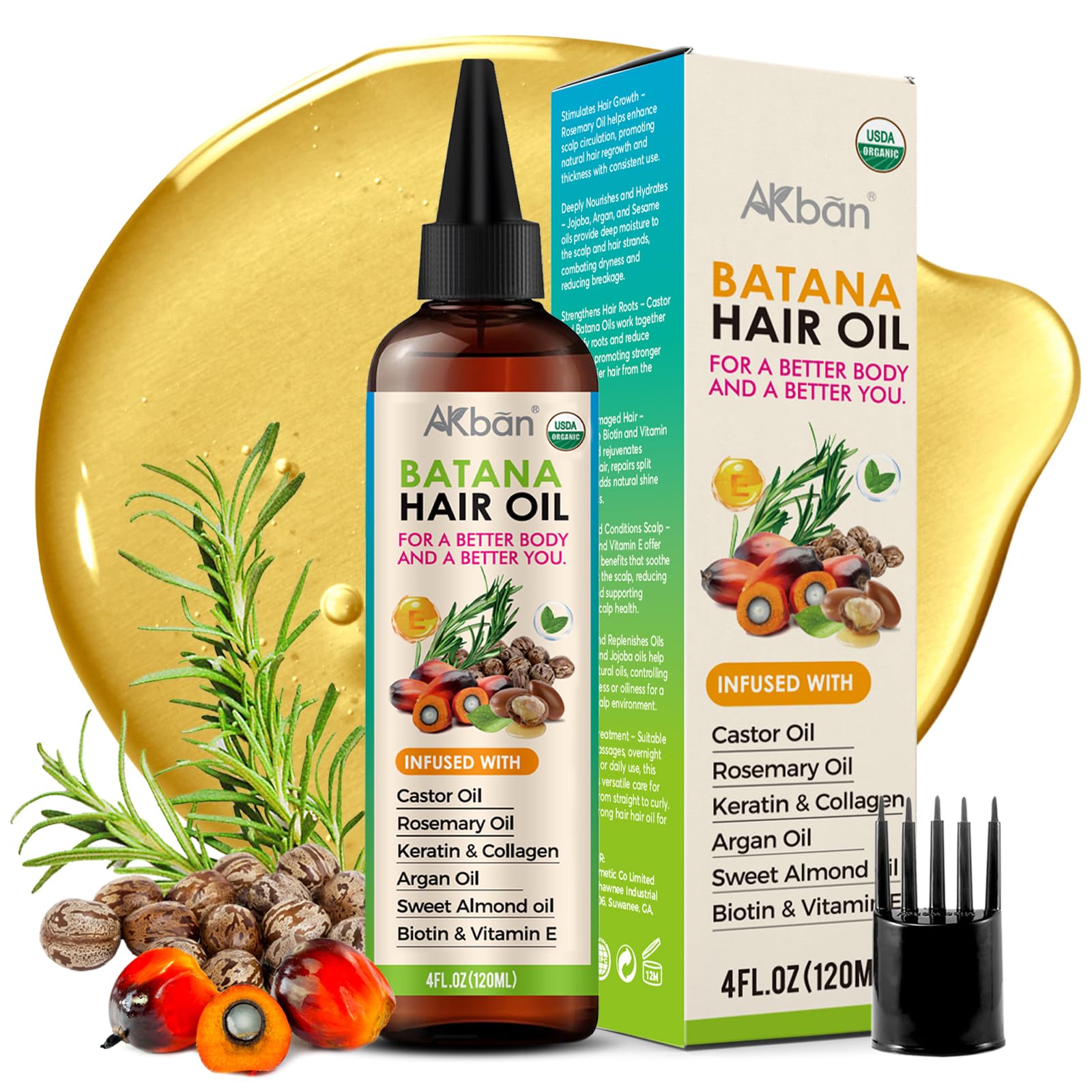 AKBAN Hair Growth Oil bottle with batana for scalp nourishment.