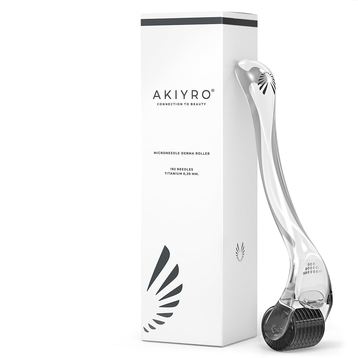 AKIYRO derma roller with storage case supports organized at-home microneedling sessions.