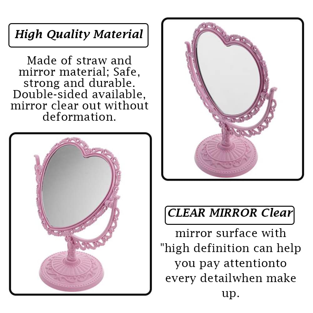 AKOAK pink heart mirror shown in daily-use setup for portable vanity routines.