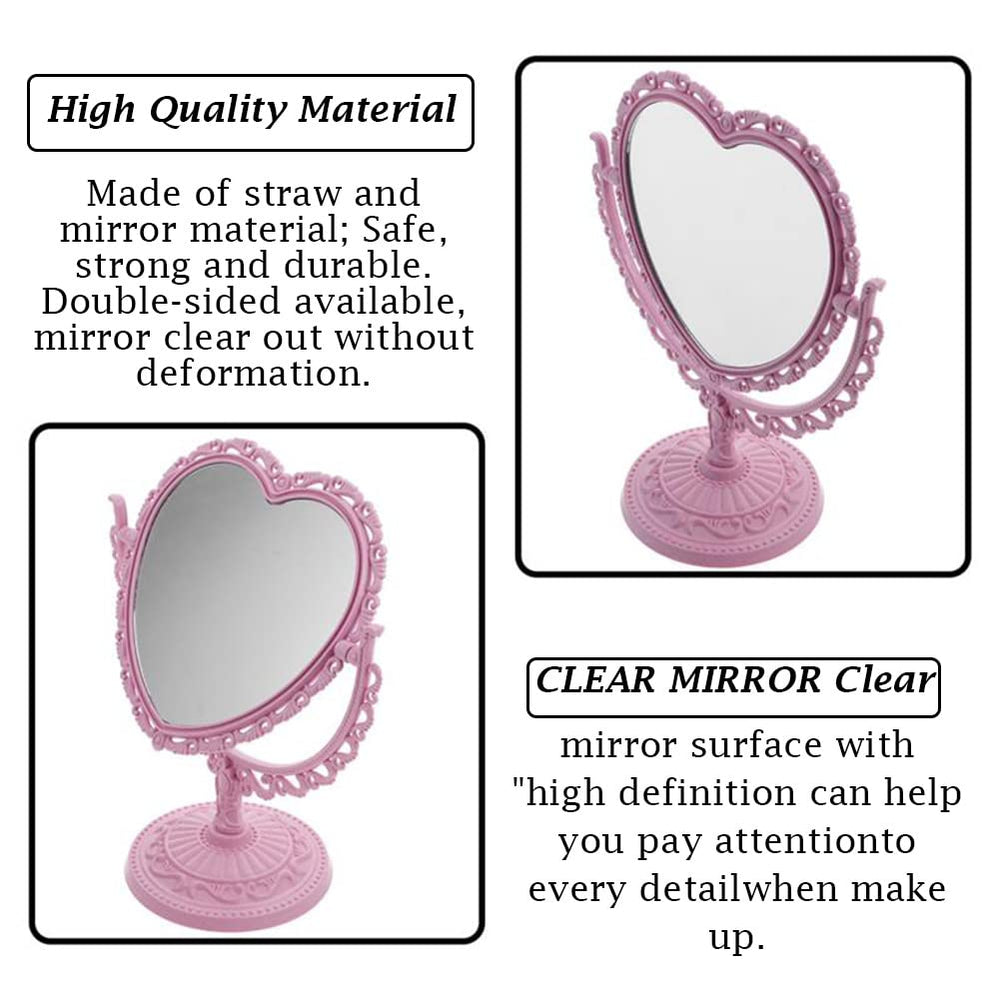 AKOAK pink heart mirror shown in daily-use setup for portable vanity routines.