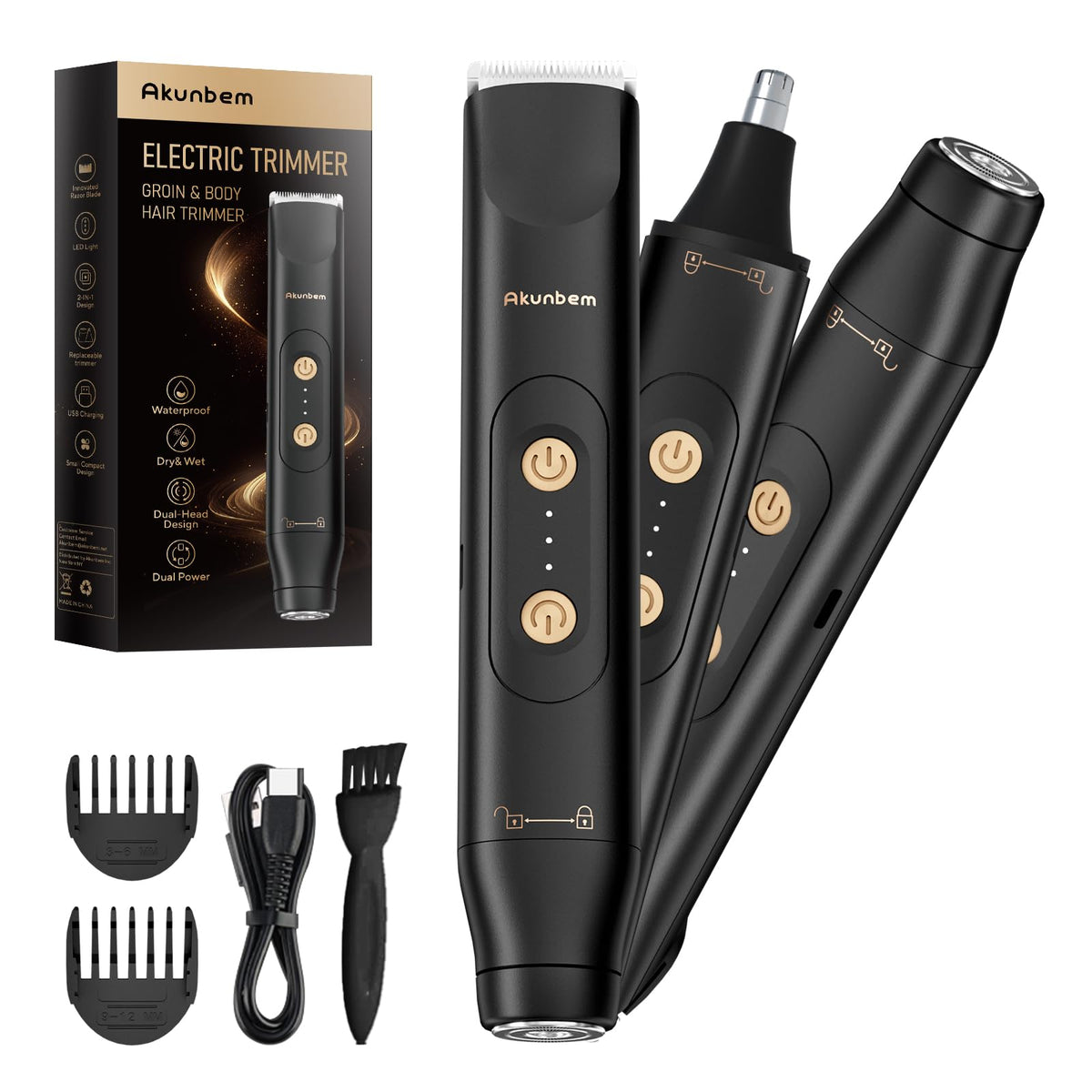Akunbem dual-head shaver for versatile grooming on face and body.