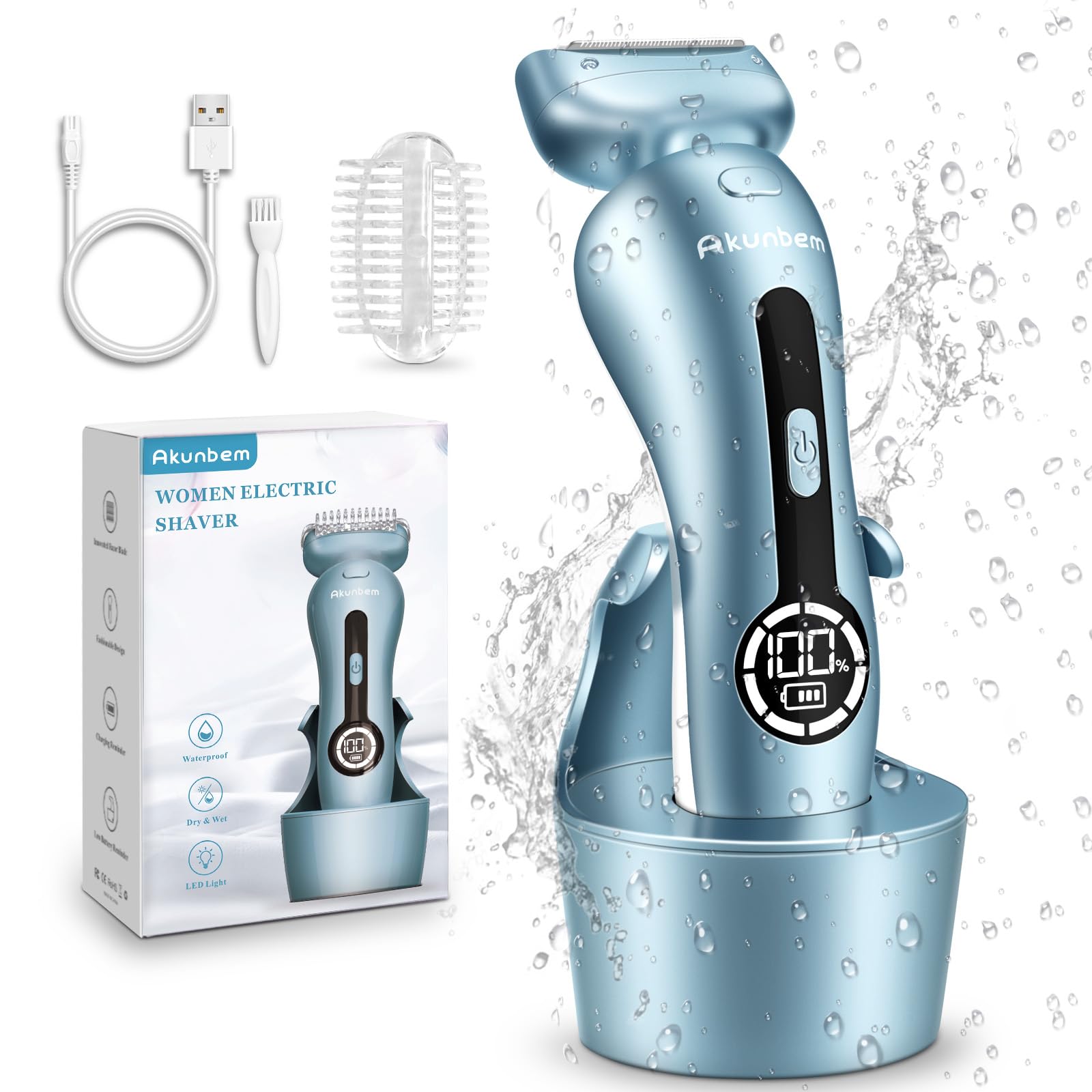 Akunbem electric razor blue front view for smooth legs and bikini lines