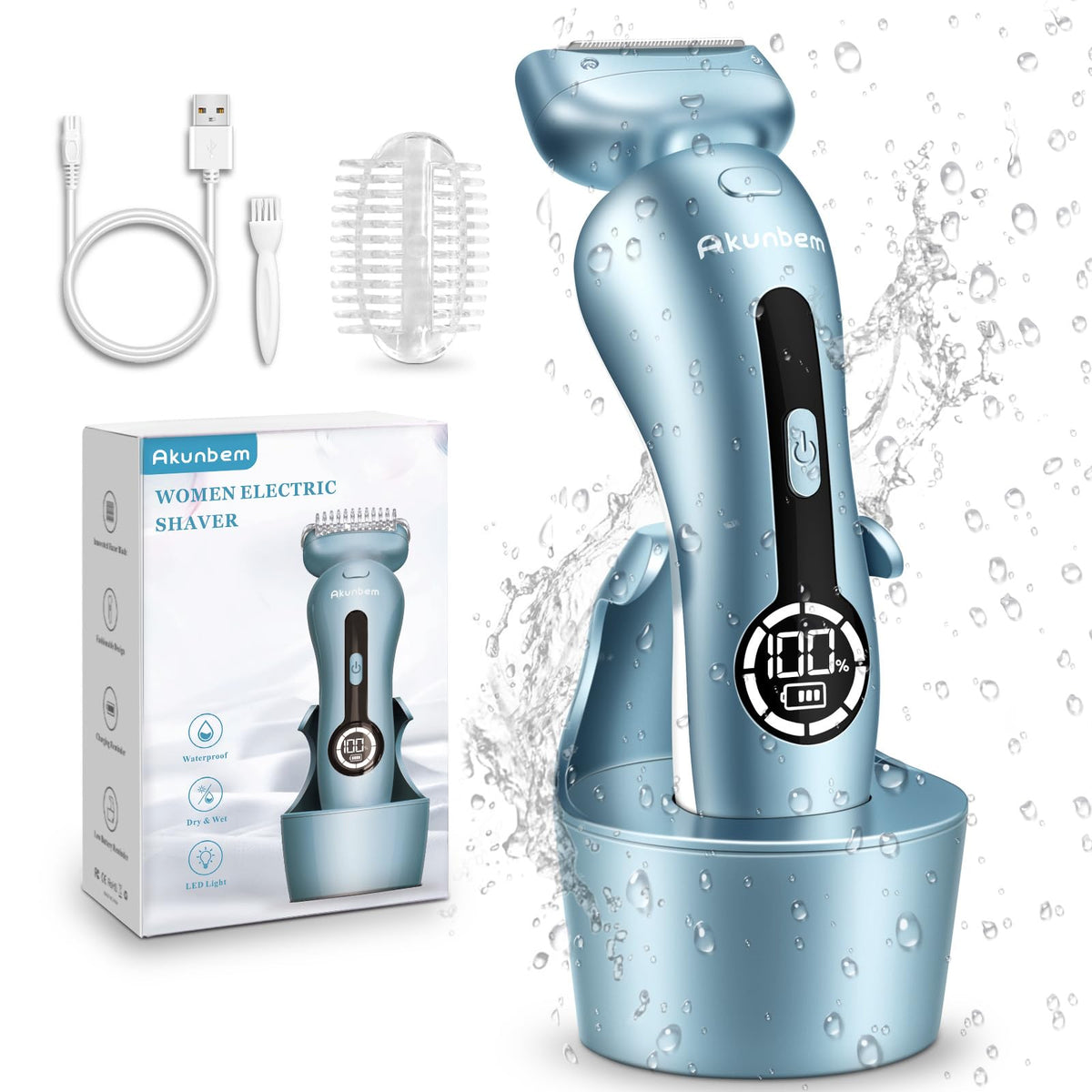 Akunbem electric razor blue front view for smooth legs and bikini lines