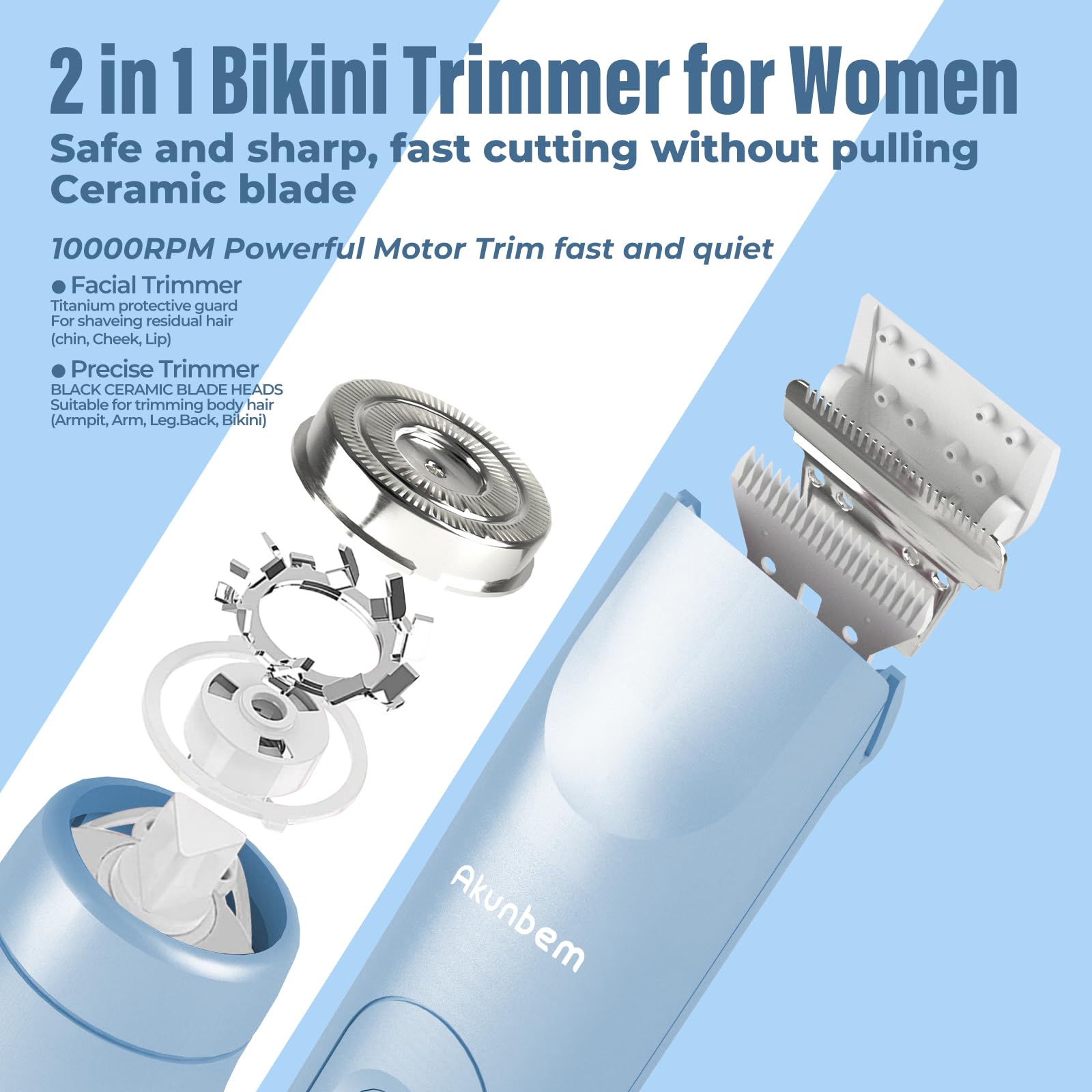 Akunbem women-electric-shaver with hypoallergenic ceramic blade ensures smooth skin.