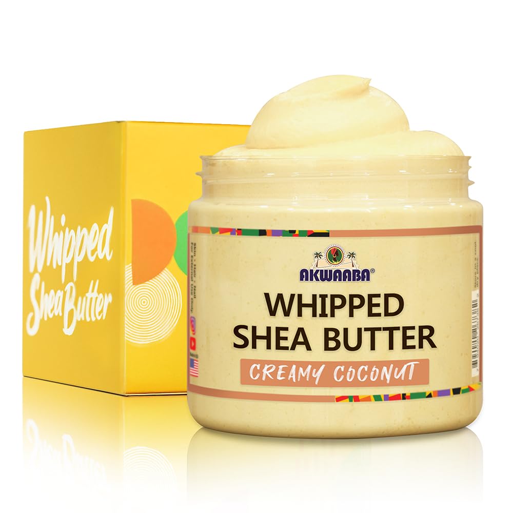 AKWAABA whipped-shea-butter creamy coconut tub delivering rich hydration for skin.
