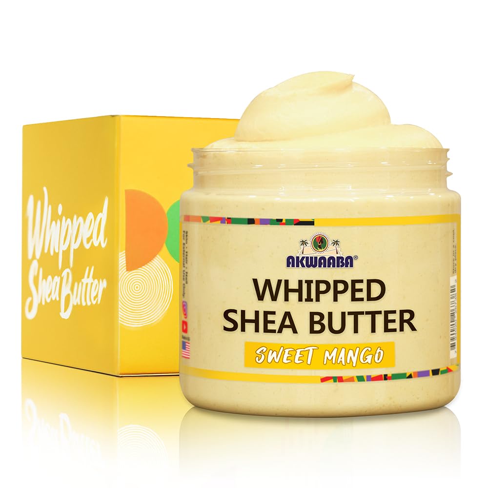 AKWAABA Whipped Shea Butter Sweet Mango tub shows creamy texture for quick hydration.