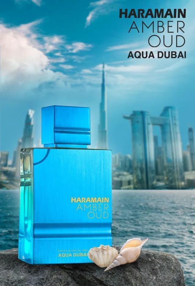 Al Haramain Amber Oud Aqua Dubai base-notes vanilla-musk shot hints at smooth finish.