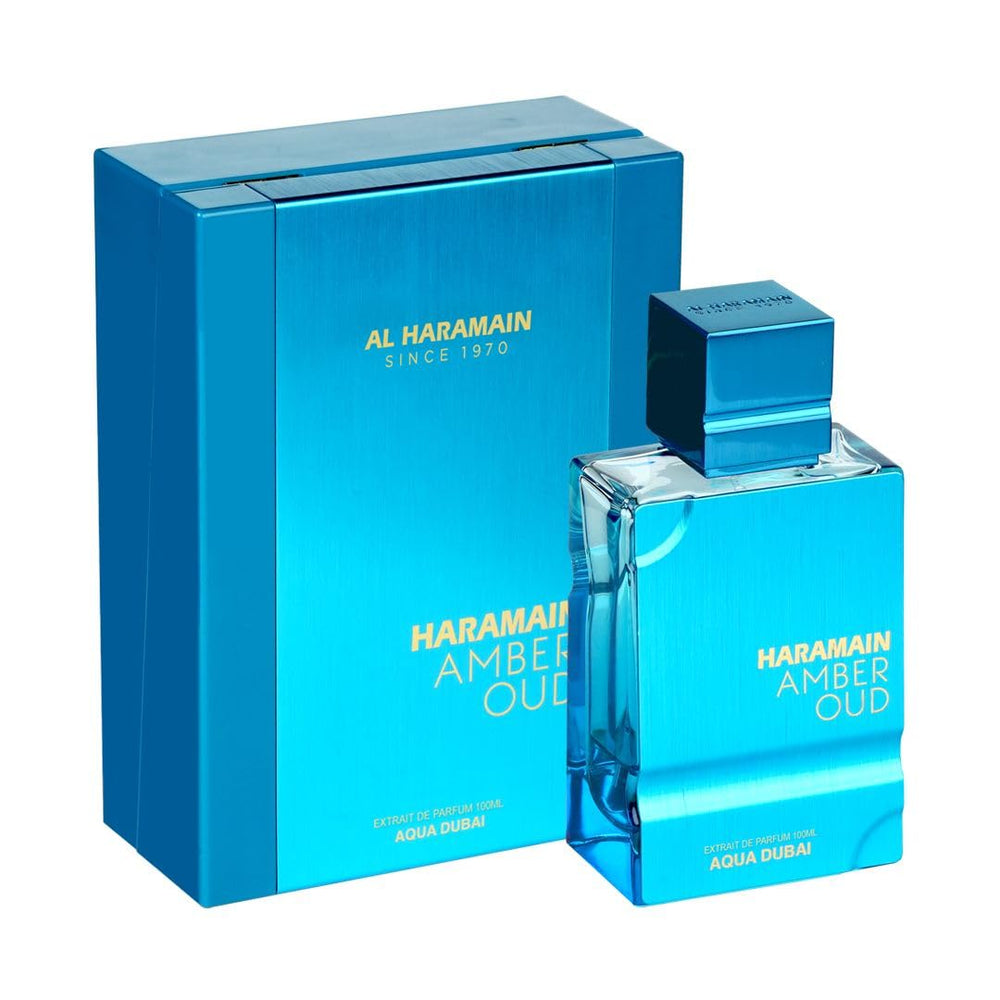 Al Haramain Amber Oud Aqua Dubai bottle-front view highlighting bold masculine fragrance with long-lasting staying power.