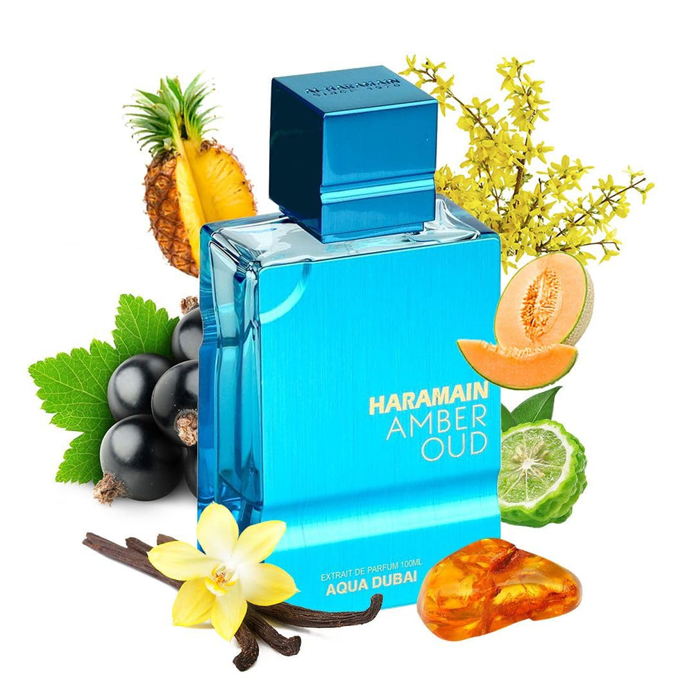 Al Haramain Amber Oud Aqua Dubai spray bottle close-up communicates luxury and long-wear potential.