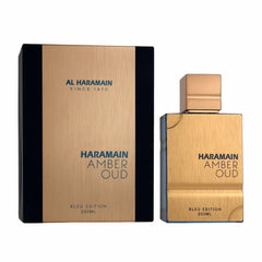Al Haramain Amber Oud Blue Edition woody-base graphic highlights patchouli, sandalwood, cedar warmth.