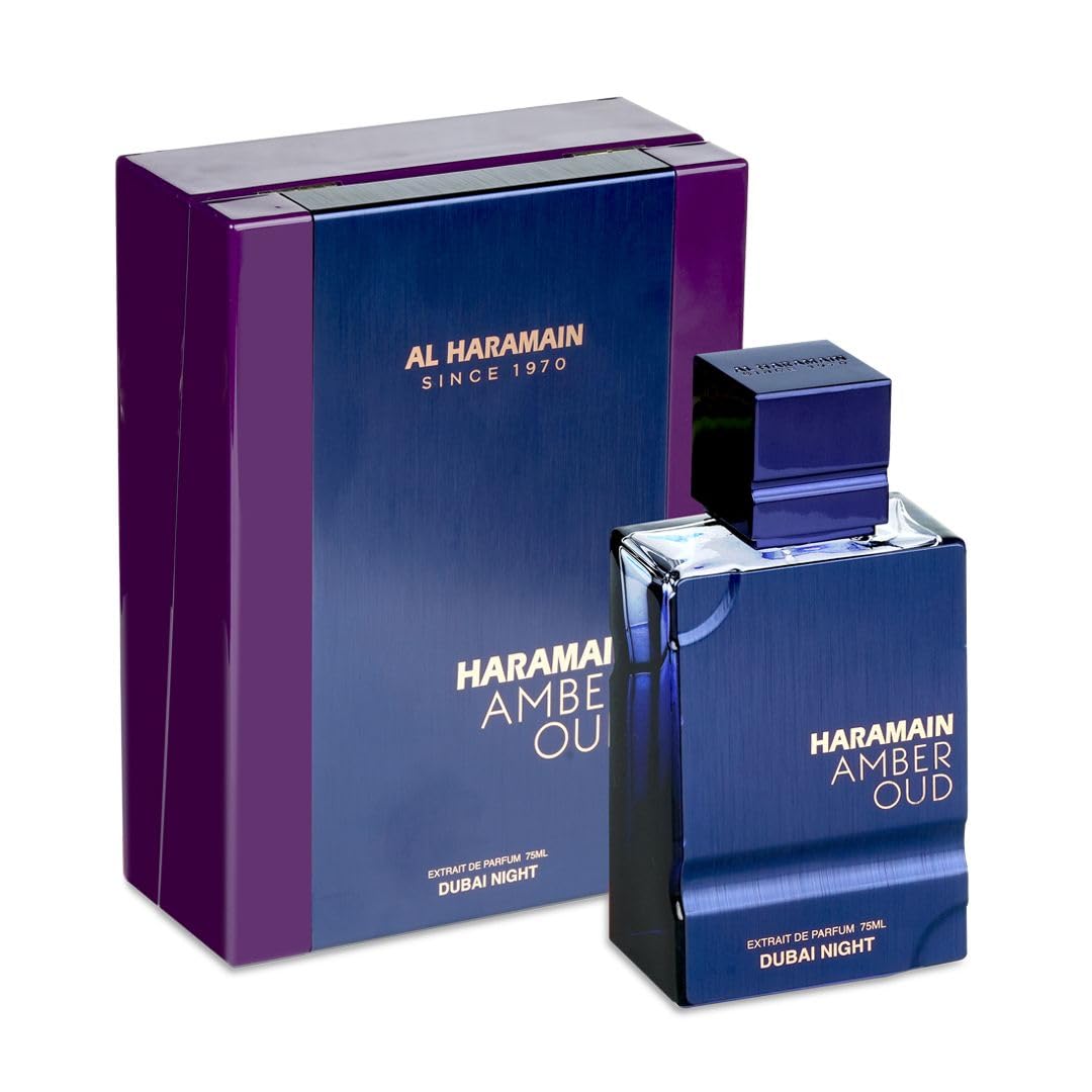 Al Haramain Amber Oud Dubai Night bottle closeup highlights oud and citrus for a luxurious presence.