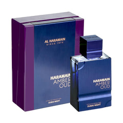 Al Haramain Amber Oud Dubai Night bottle shown for evening elegance and long-lasting scent.