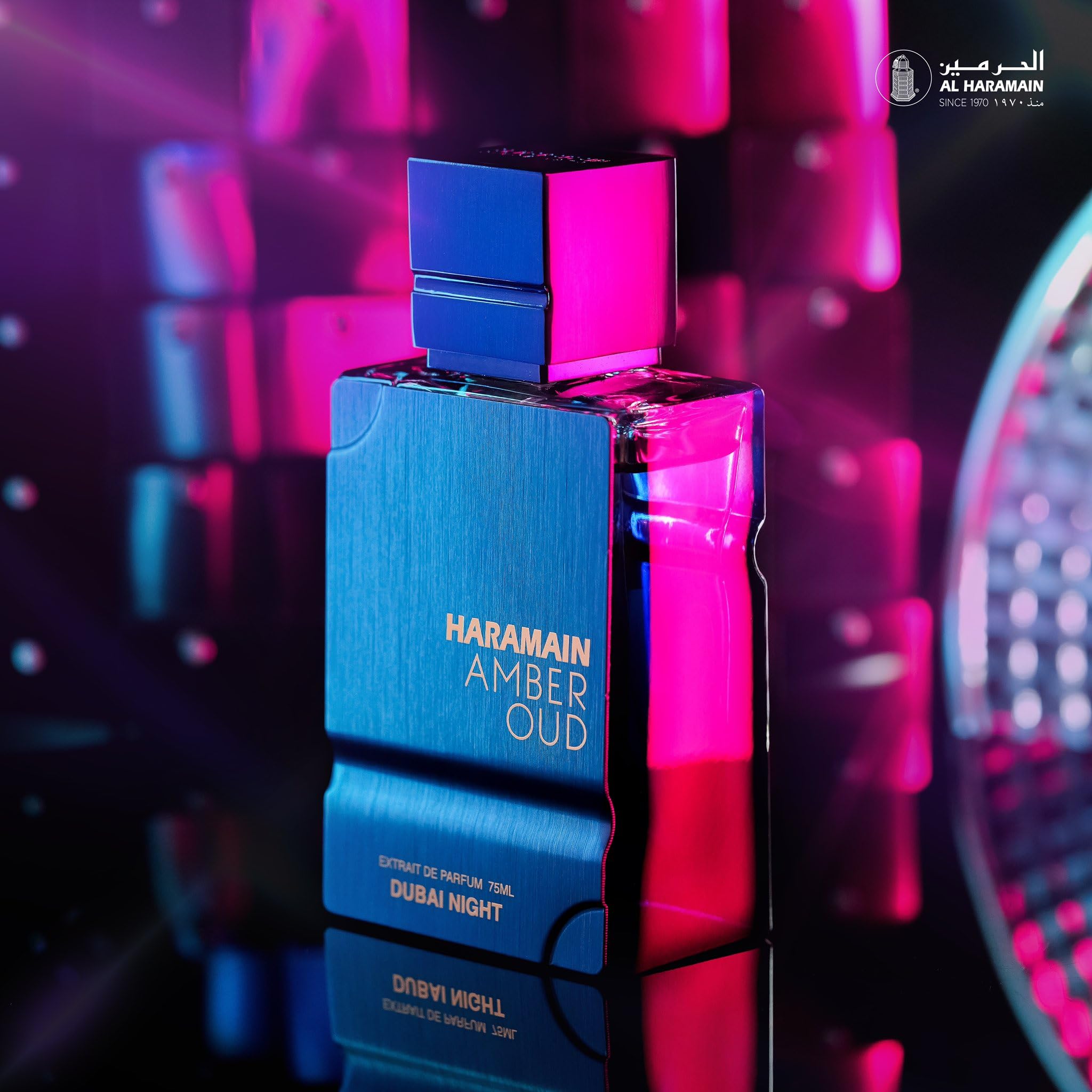 Al Haramain Amber Oud Dubai Night lifestyle scene suggests evening sophistication.